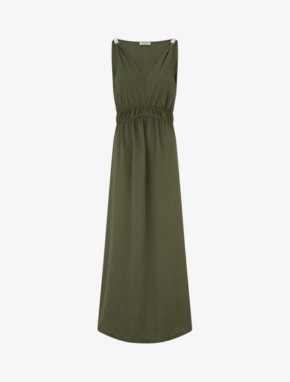 Robe longue évasée à bretelles perlées - Kaki - 1