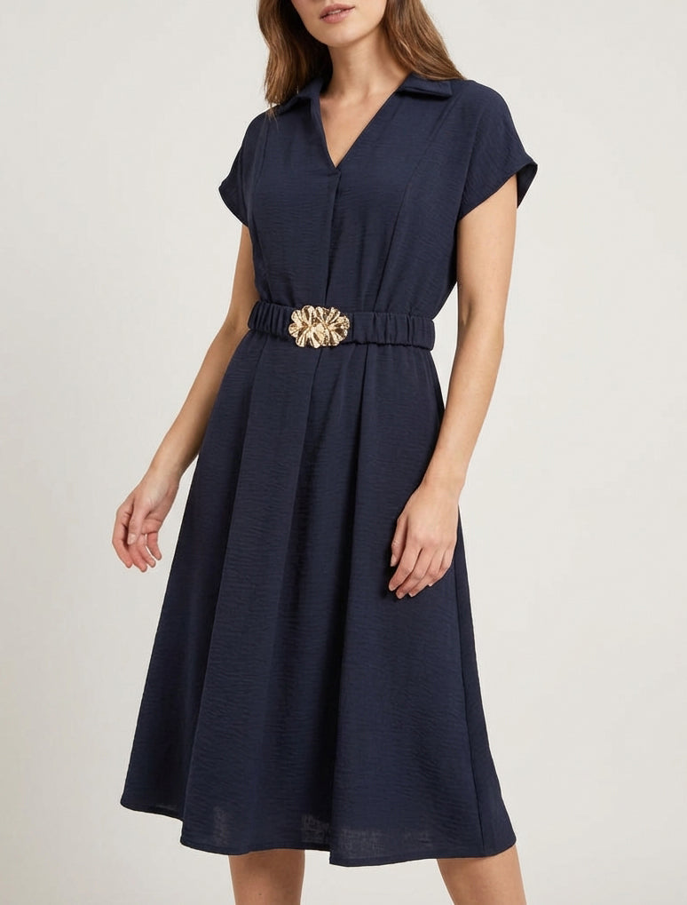 Robe fluide unie ceinturée - Marine