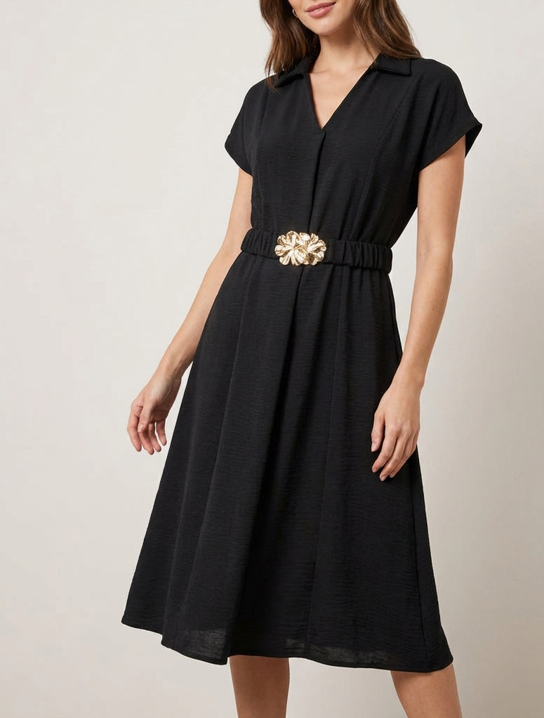 Robe fluide unie ceinturée - Noir