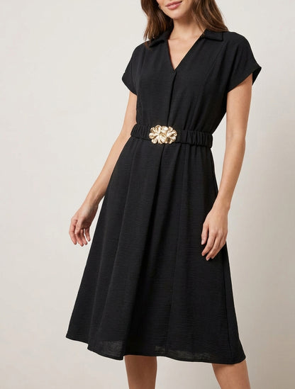 Robe fluide unie ceinturée - Noir