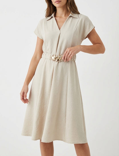 Robe fluide unie ceinturée - Beige