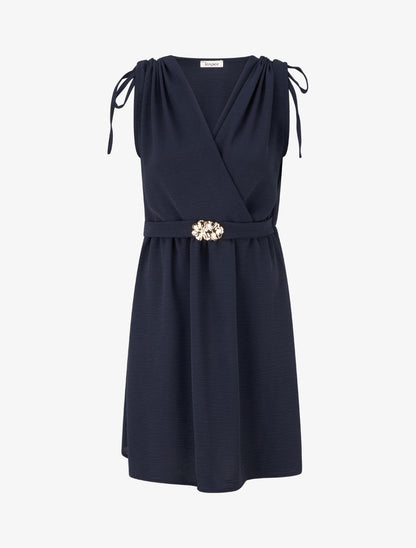 Robe unie à empiècement bijou à la taille - Marine - 1