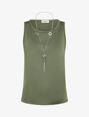 Top satiné sans manches à col bijou - Kaki - 1