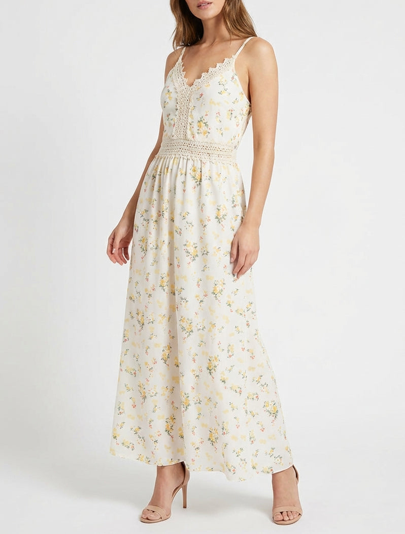 Robe longue imprimé petites fleurs à détail crochet - Jaune
