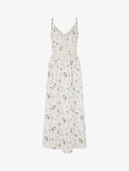 Robe longue imprimé petites fleurs à détail crochet - Kaki - 1