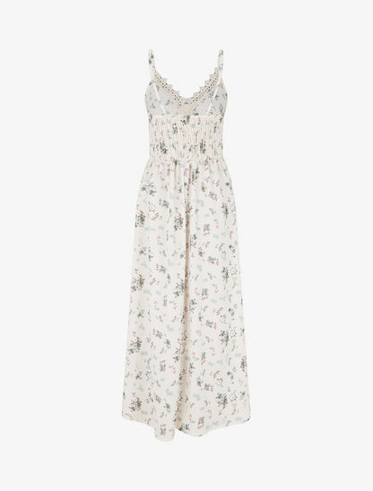 Robe longue imprimé petites fleurs à détail crochet - Kaki - 2