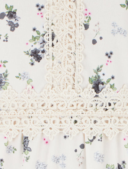 Robe longue imprimé petites fleurs à détail crochet - Noir - 3