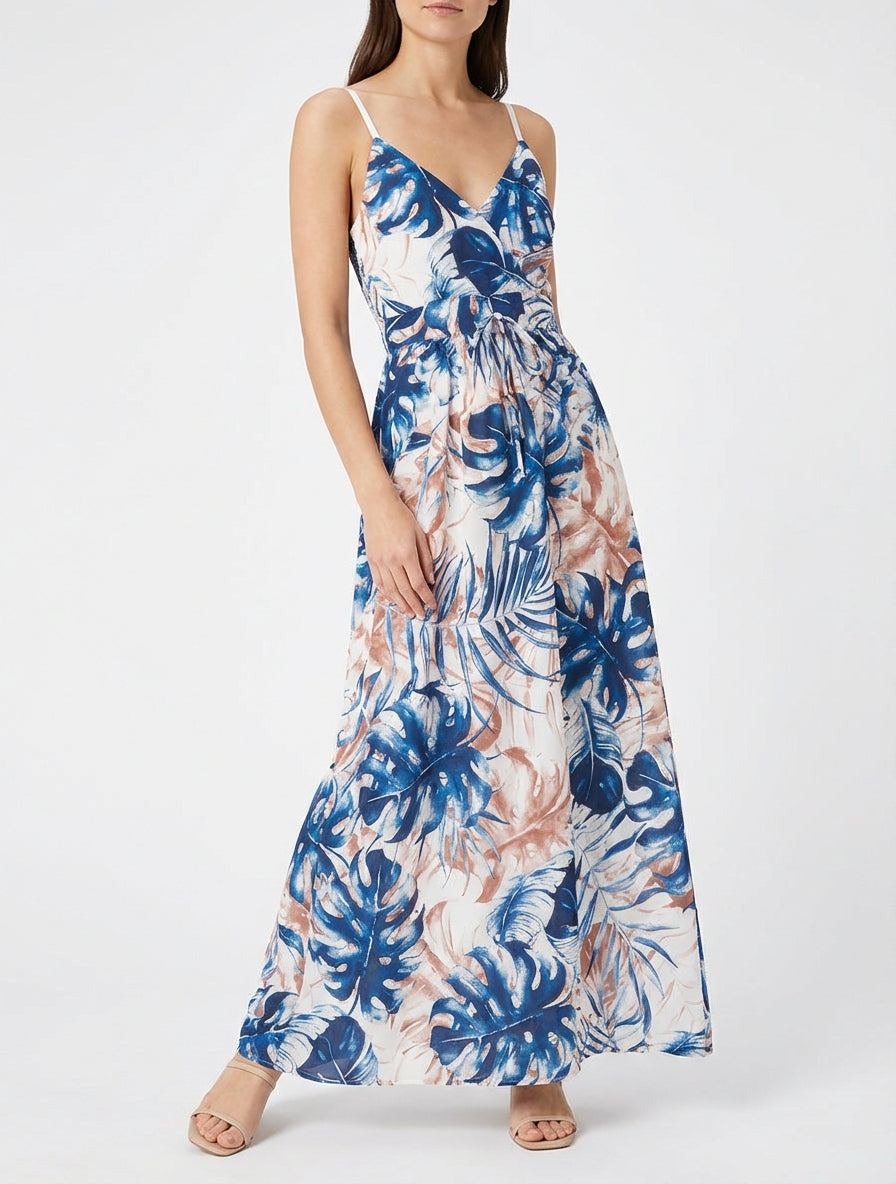 Robe longue à dos élastiqué imprimé feuillage - Marine