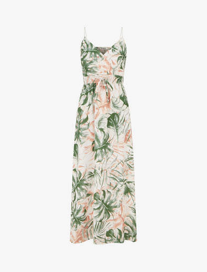 Robe longue à dos élastiqué imprimé feuillage - Kaki - 1