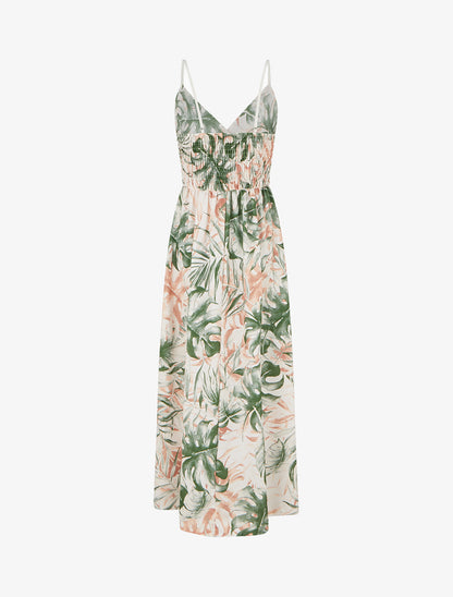 Robe longue à dos élastiqué imprimé feuillage - Kaki - 2