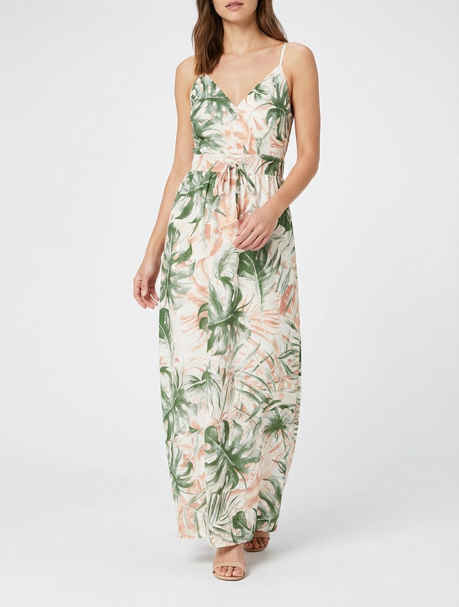 Lange jurk met elastische rug en bladdruk. - Kaki