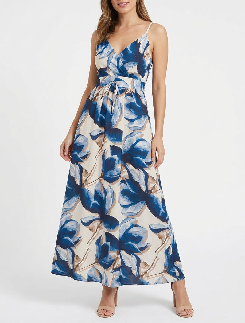 Robe longue à dos élastiqué imprimé fleuri - Marine