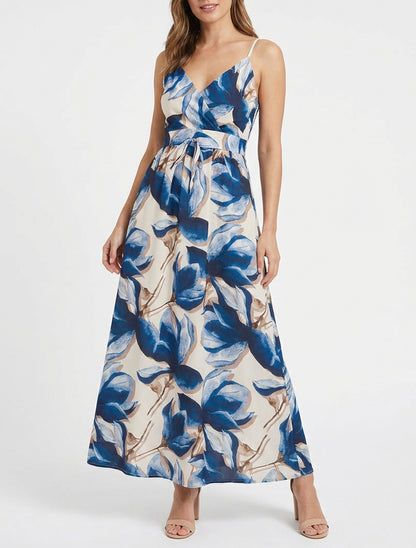 Robe longue à dos élastiqué imprimé fleuri - Marine