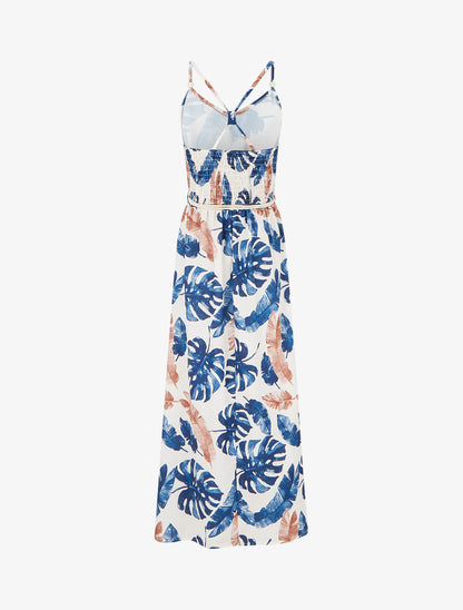 Robe longue imprimé feuillage à taille élastiquée - Marine - 2