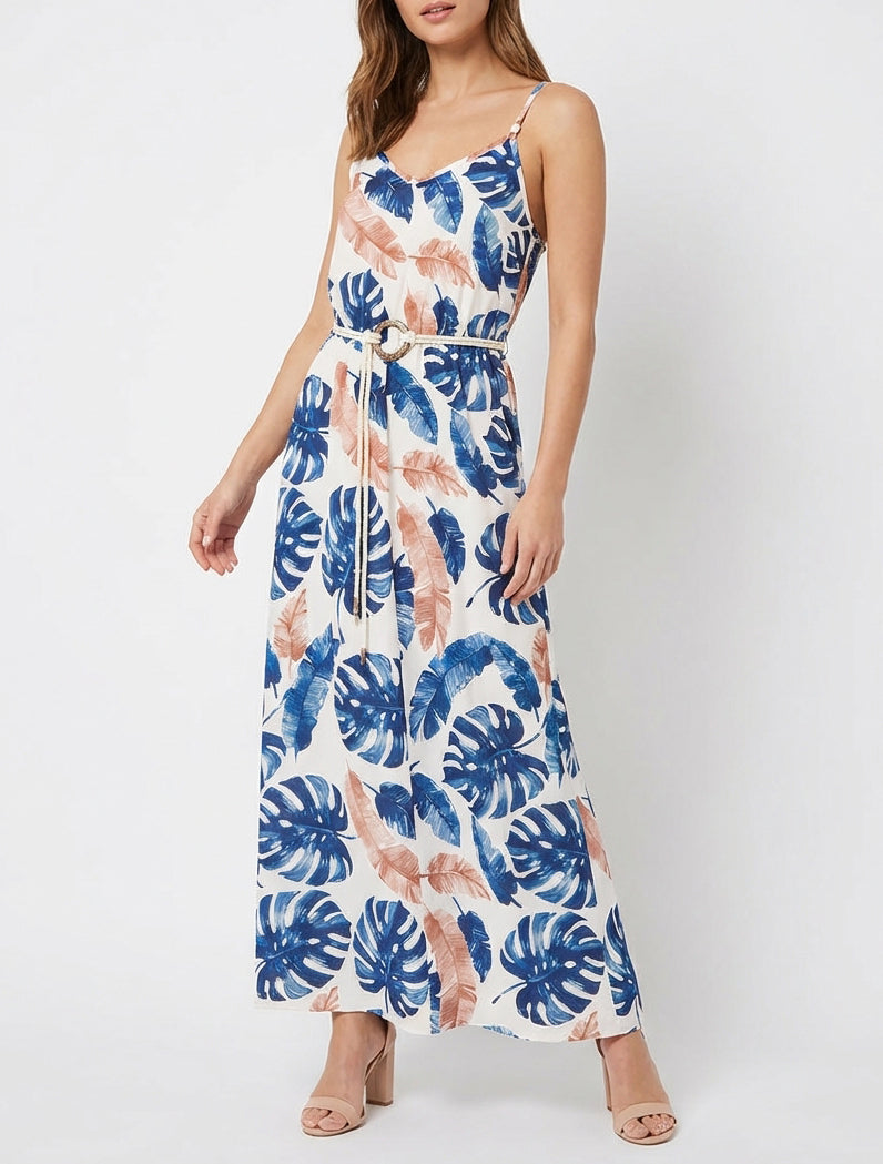 Lange jurk met bladprint en elastische taille - Marine