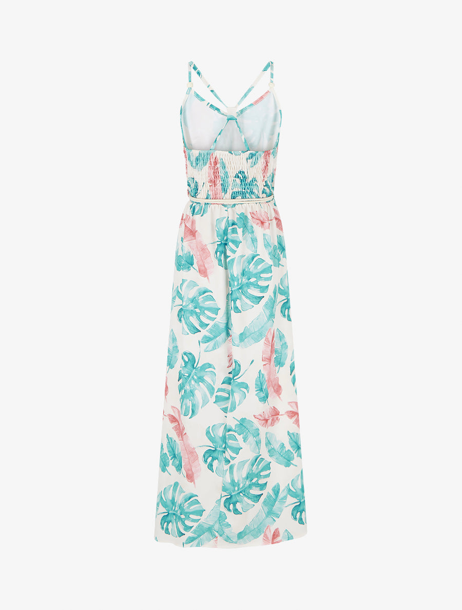 Robe longue imprimé feuillage à taille élastiquée - Turquoise - 2