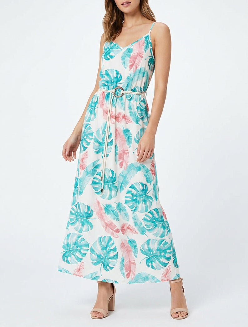 Lange jurk met bladprint en elastische taille - Turkoois
