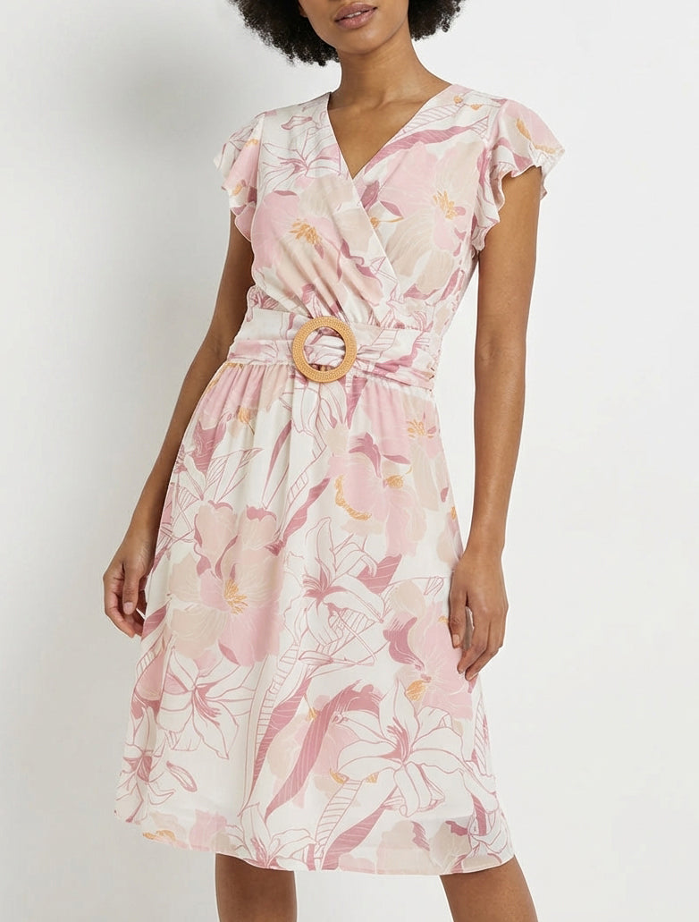 Robe mi-longue imprimé grandes fleurs à boucle - Rose