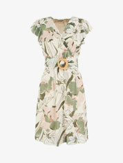 Robe mi-longue imprimé grandes fleurs à boucle - Kaki - 1