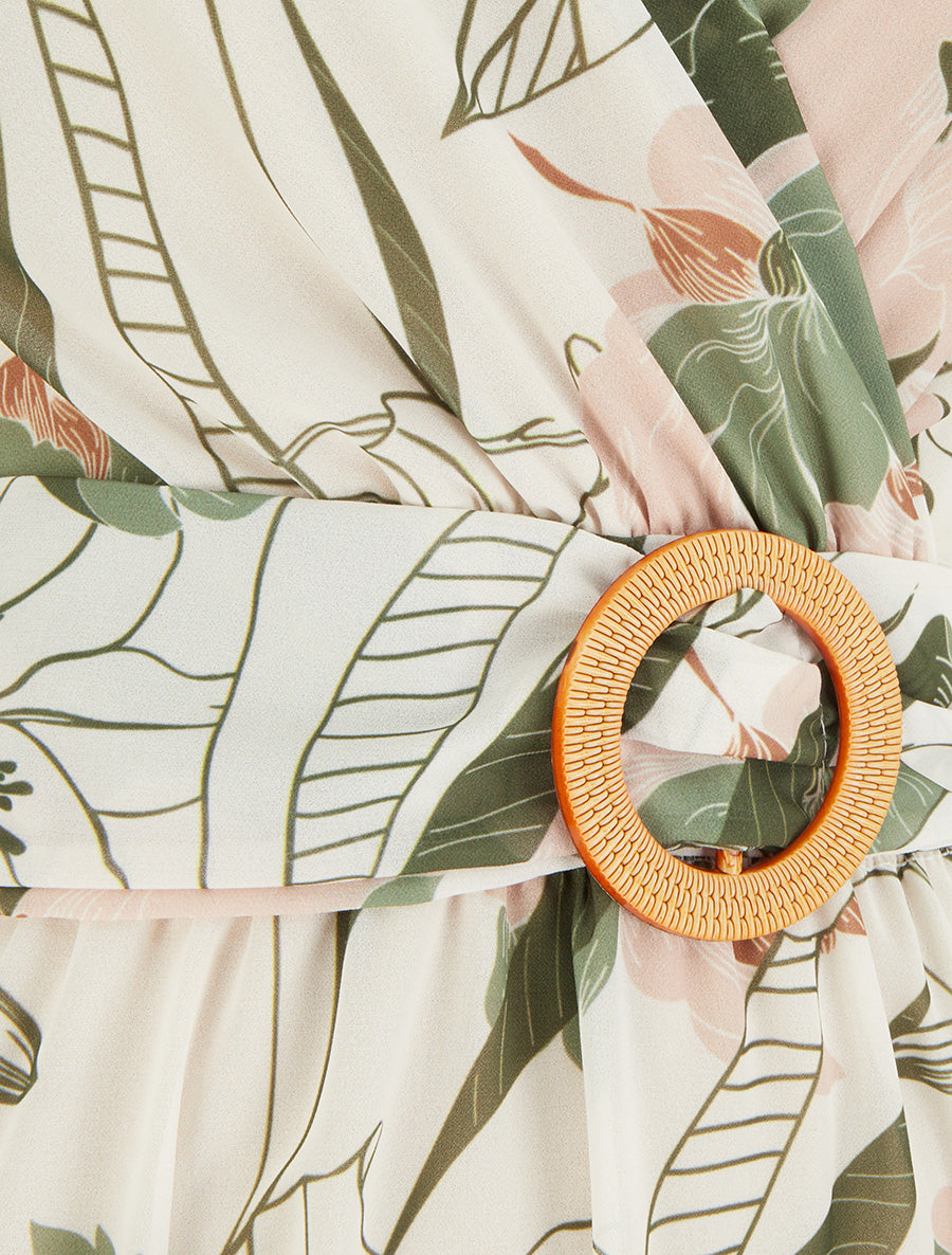 Robe mi-longue imprimé grandes fleurs à boucle - Kaki - 3