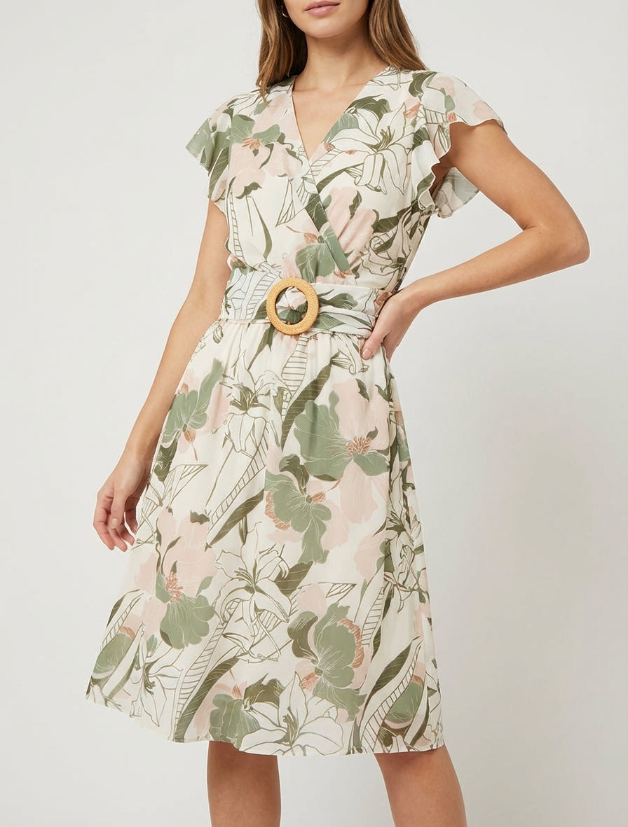 Robe mi-longue imprimé grandes fleurs à boucle - Kaki