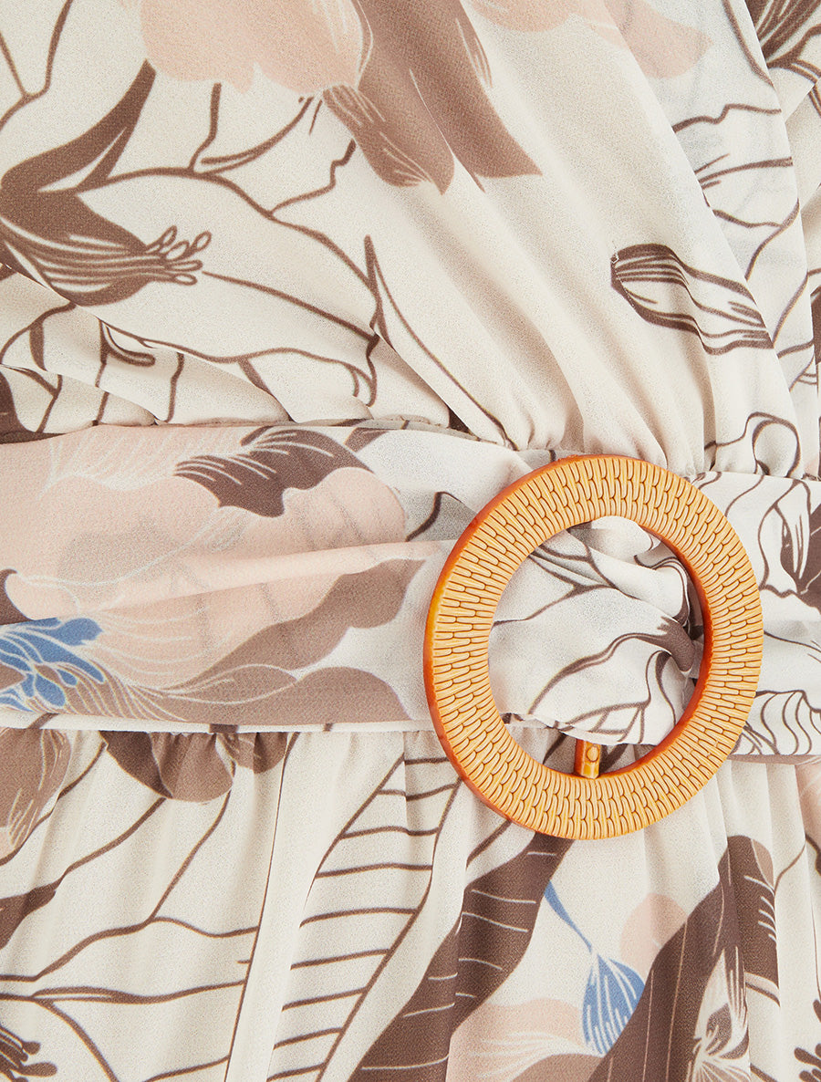 Robe mi-longue imprimé grandes fleurs à boucle - Marron - 3