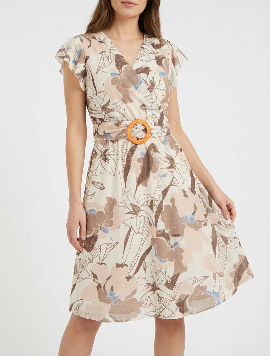 Robe mi-longue imprimé grandes fleurs à boucle - Marron