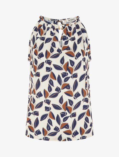 Top satiné sans manches imprimé feuilles - Marine - 1