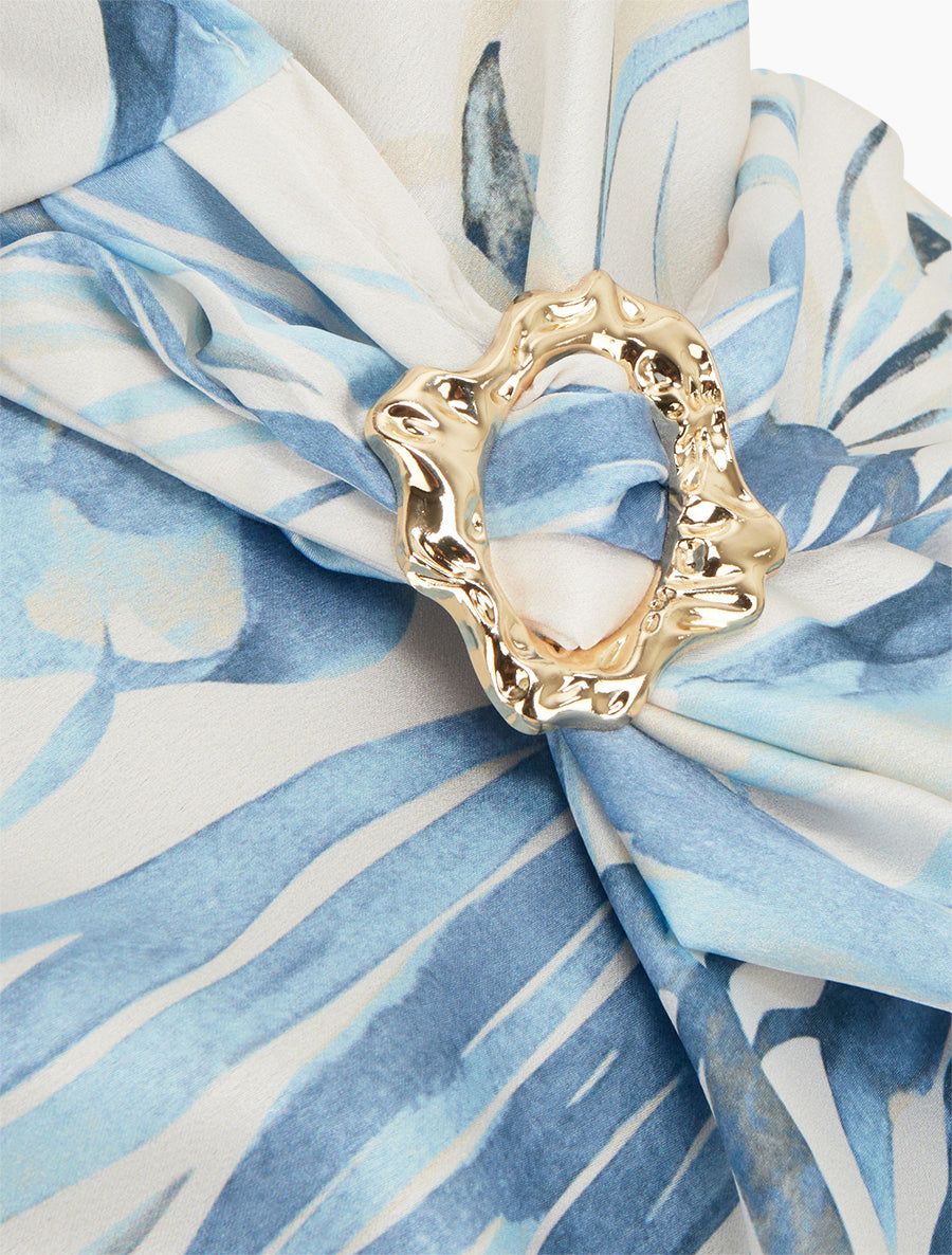 Top satiné imprimé feuilles et bretelle à bijou - Bleu - 3