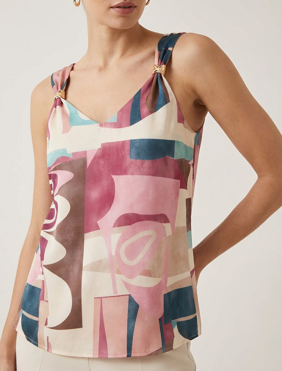 Top droit imprimé graphique à bretelles bijoux - Rose