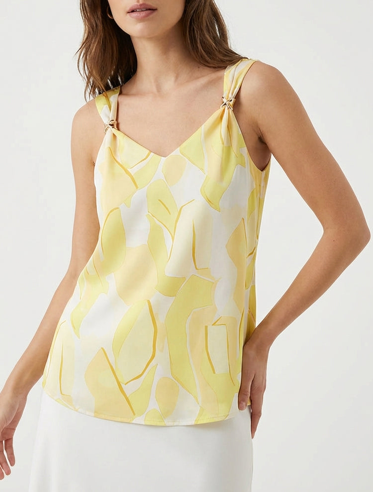 Satijnen top met abstracte juweelprint - Geel