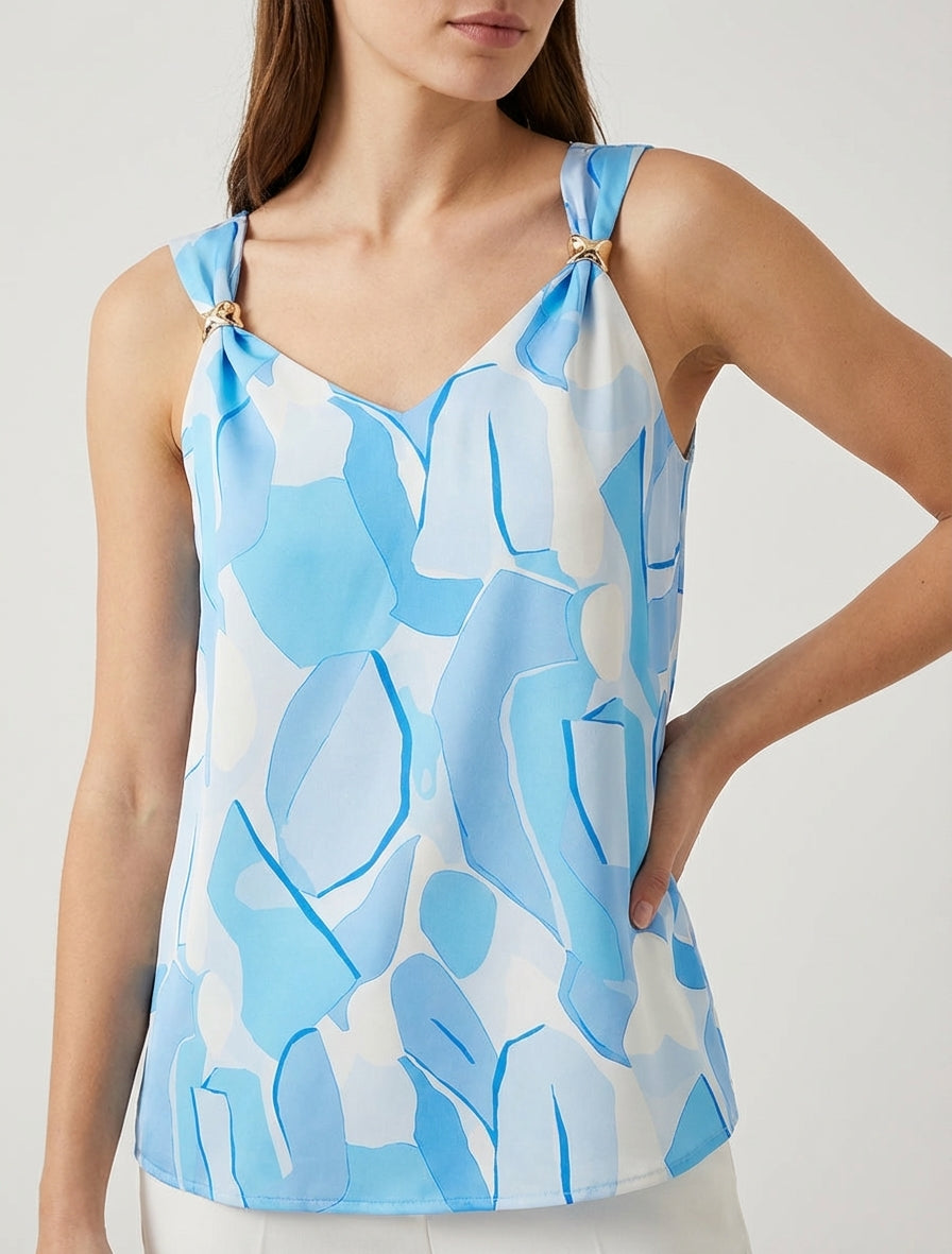 Satijnen top met abstracte juweelprint - Lichtblauw