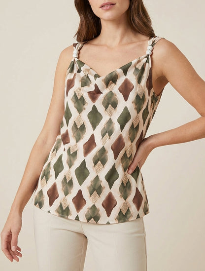 Top imprimé graphique à bretelles perlées - Kaki