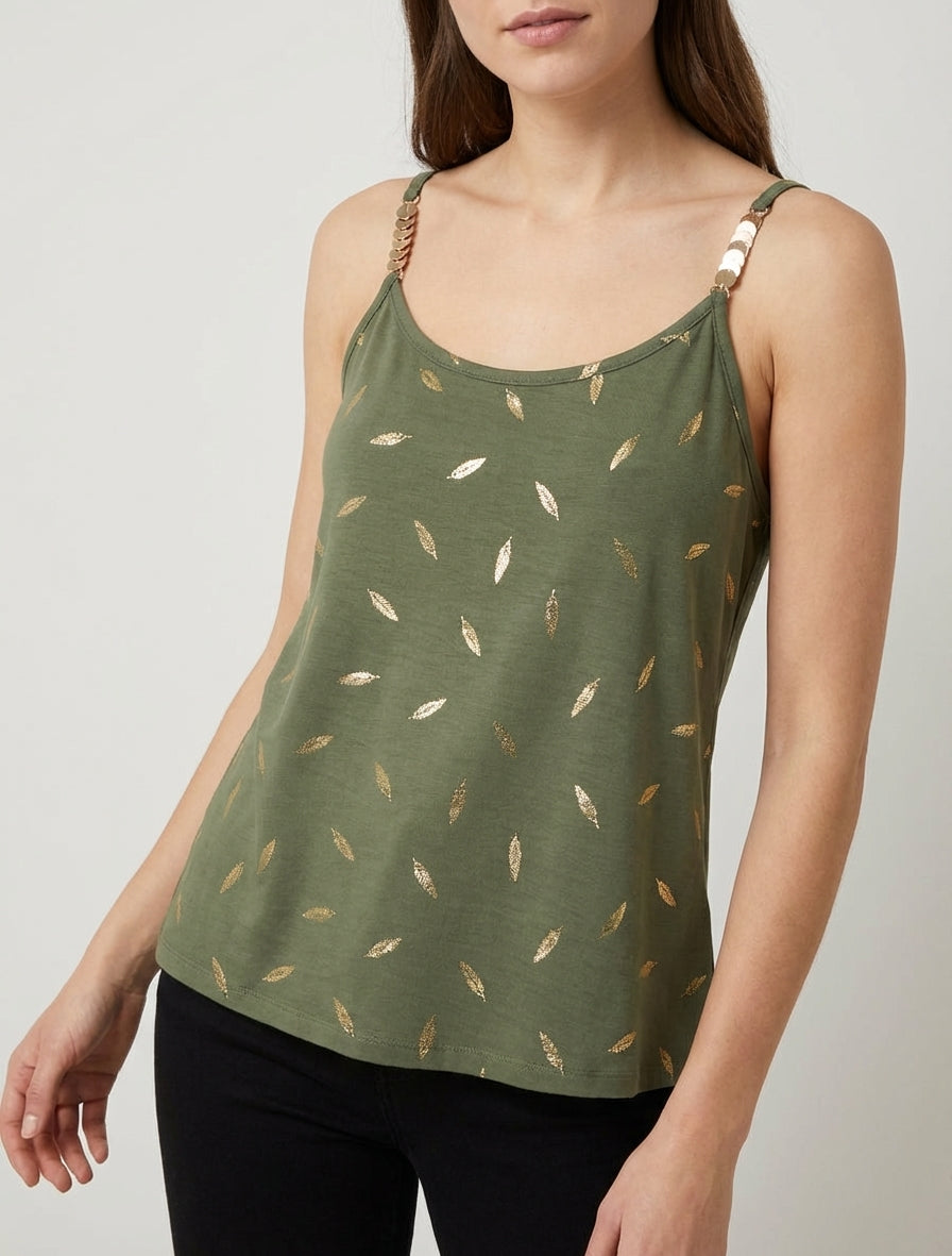 Tanktop met sierlijke bandjes en verenprint - Kaki