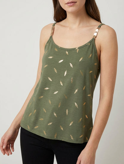 Tanktop met sierlijke bandjes en verenprint - Kaki