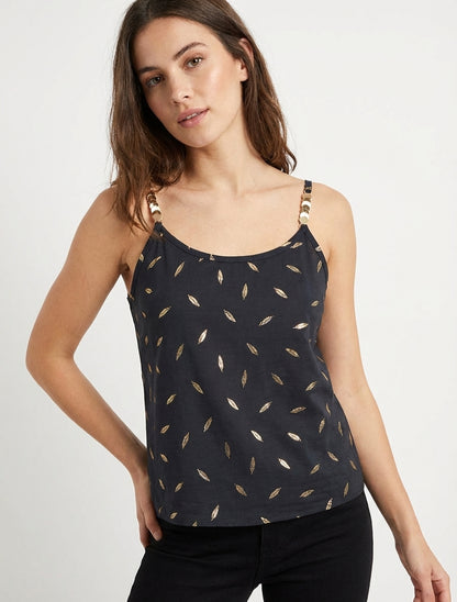 Tanktop met sierlijke bandjes en verenprint - Zwart