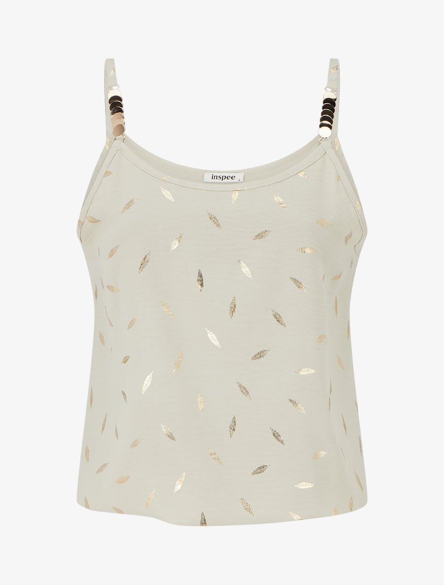 Débardeur à bretelles bijoux et imprimé plume - Beige - 1