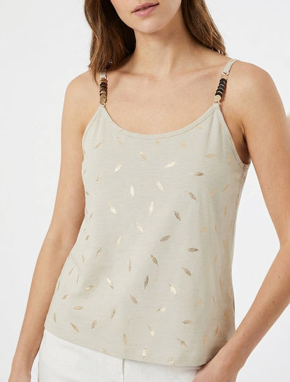 Tanktop met sierlijke bandjes en verenprint - Beige