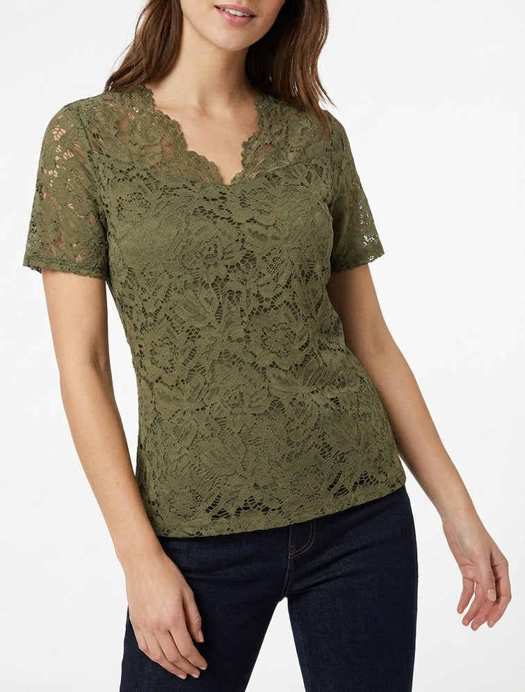 Top en dentelle à manches courtes - Kaki