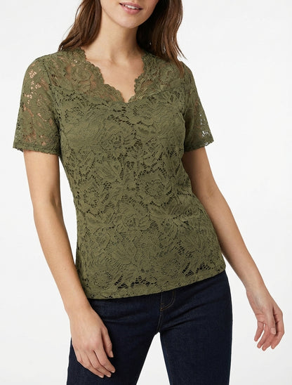 Top en dentelle à manches courtes - Kaki