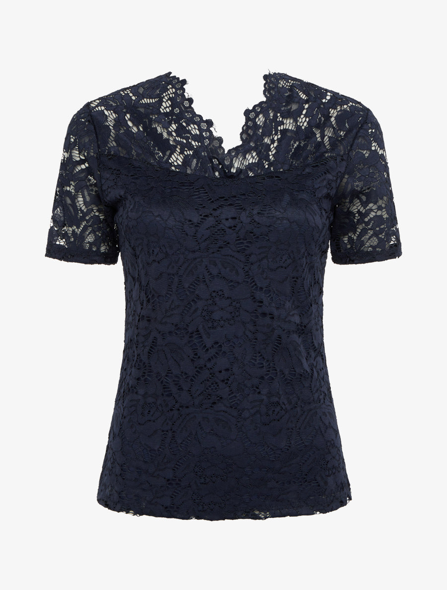 Top en dentelle à manches courtes - Marine - 1