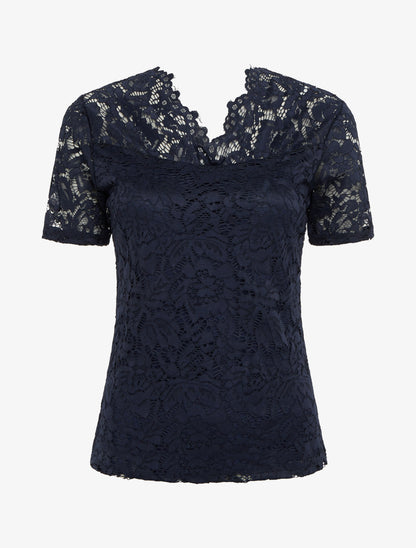 Top en dentelle à manches courtes - Marine - 1