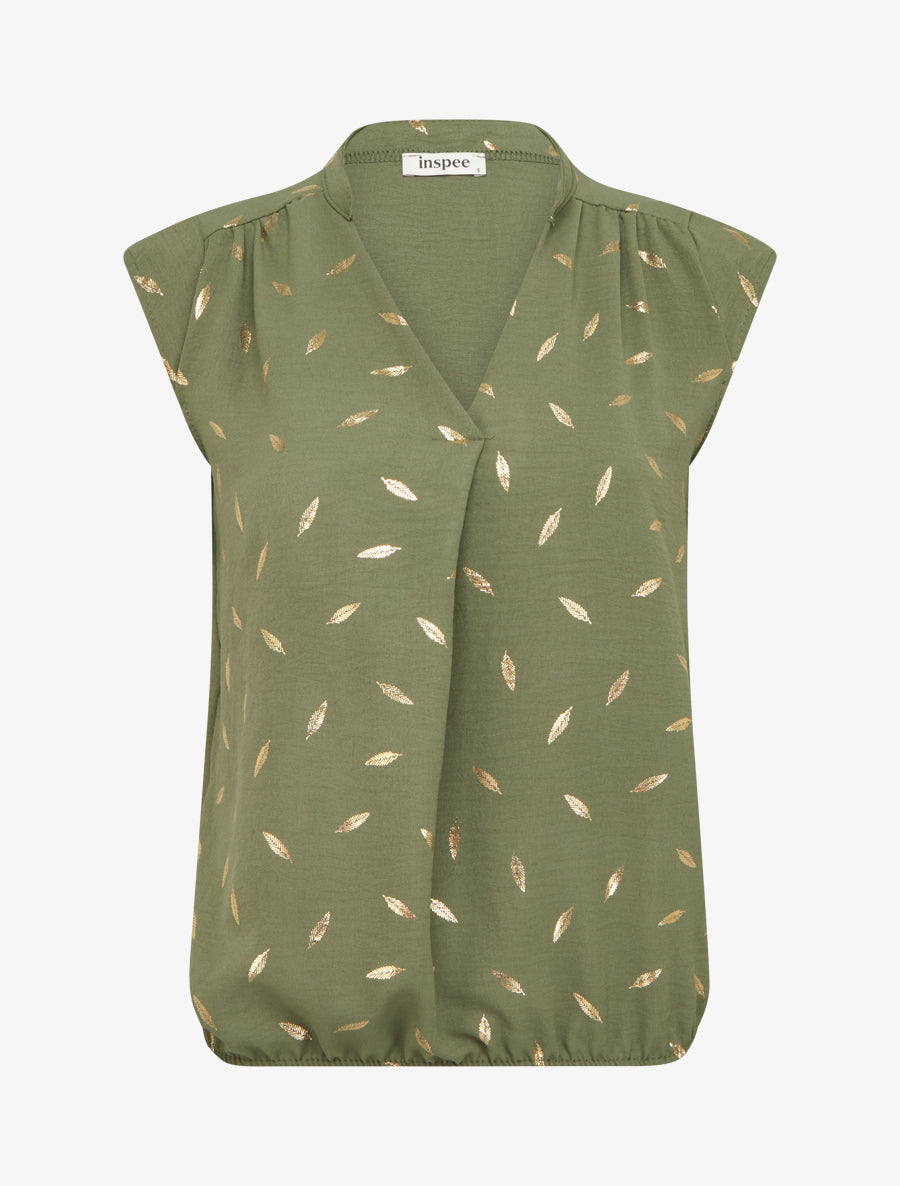 Top élastiqué à imprimé plumes irisées - Kaki - 1