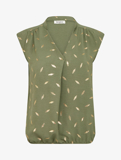 Top élastiqué à imprimé plumes irisées - Kaki - 1