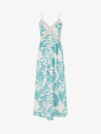 Robe fleurie à empiècement broderie - Turquoise - 1