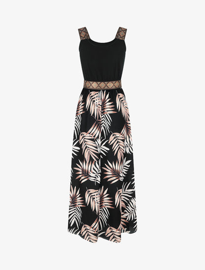 Robe imprimé feuillage à bretelles stylisées - Noir - 2
