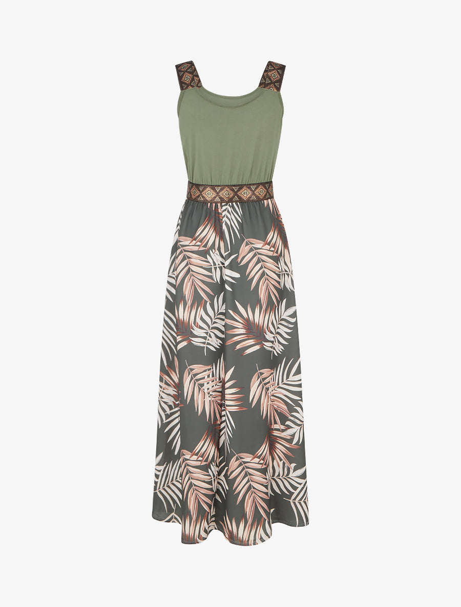 Robe imprimé feuillage à bretelles stylisées - Kaki - 2