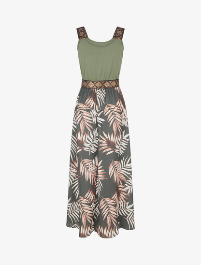 Robe imprimé feuillage à bretelles stylisées - Kaki - 2