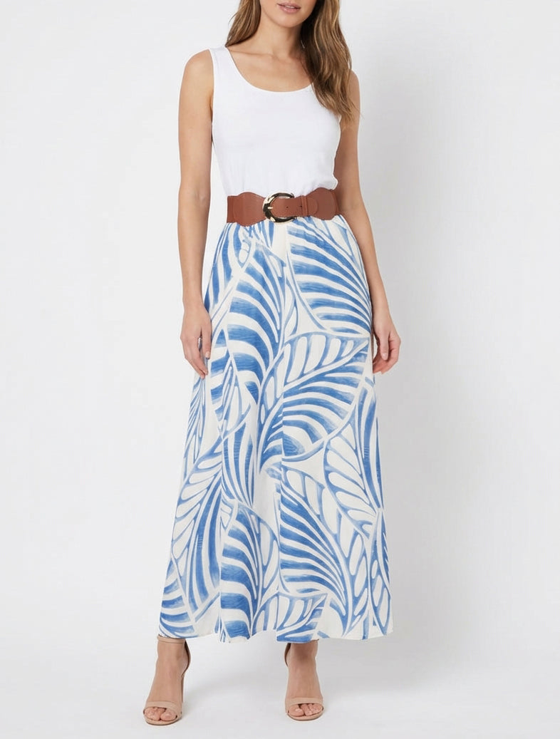 Robe longue sans manches imprimé feuilles - Bleu clair
