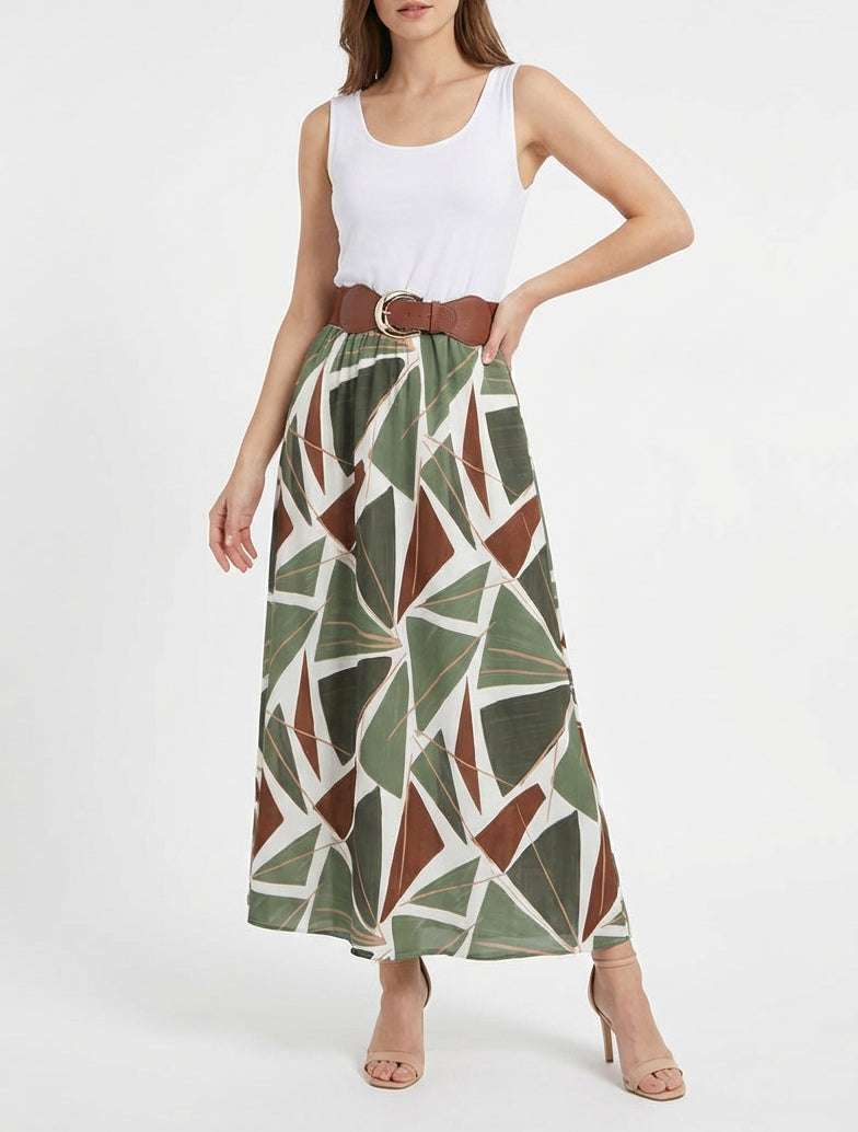 Mouwloze lange jurk met grafische print - Kaki